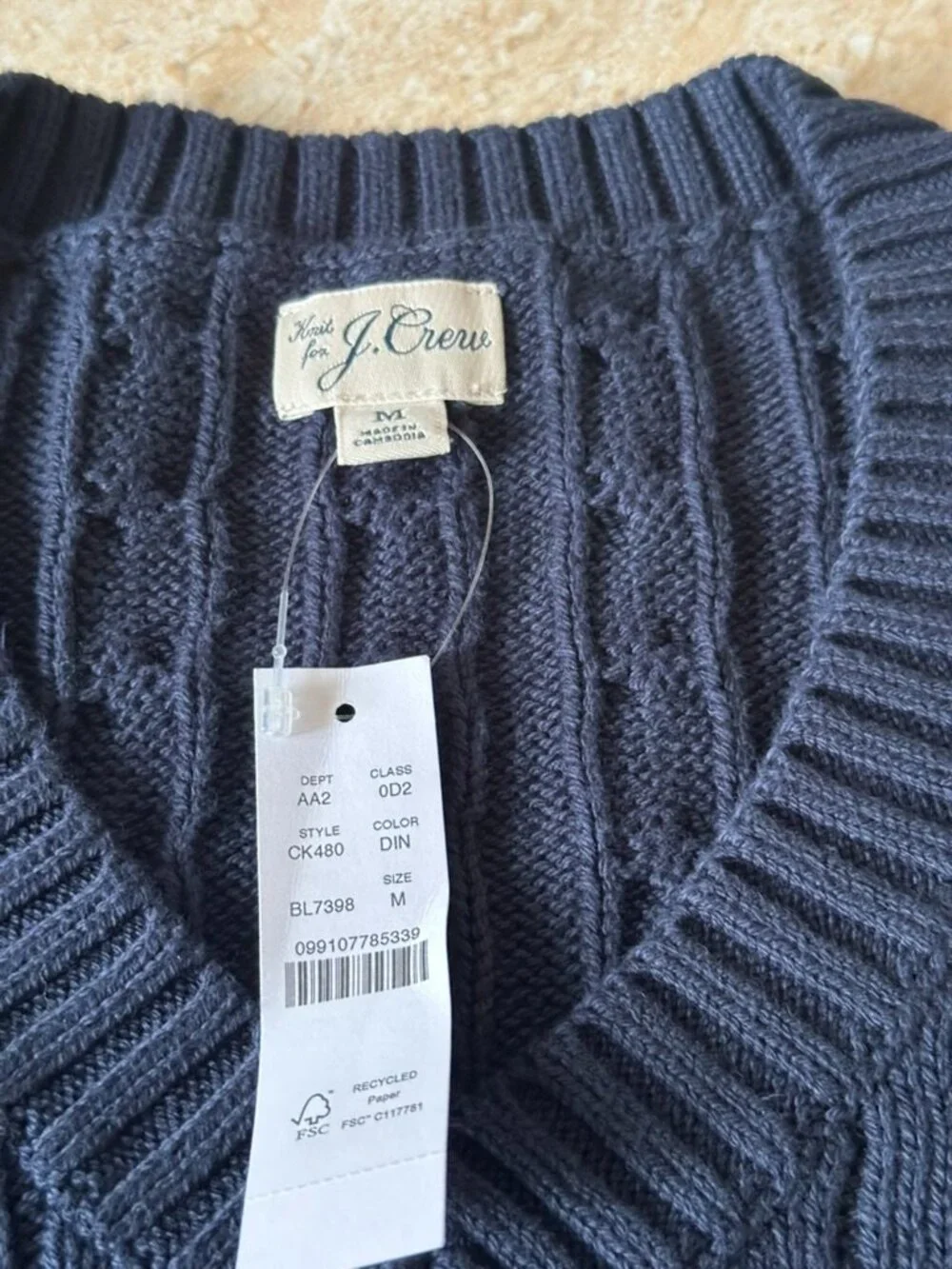 JCREW MENS COTTON KNIT CABLE V NECK SWEATER MEDIUM NWT